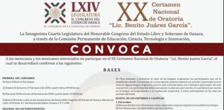 Convoca Congreso Local al XX Certamen Nacional de Oratoria “Licenciado Benito Juárez García”