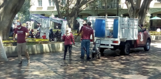 Limpian y desinfectan el zócalo de Oaxaca