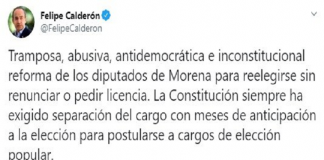 Critica Calderón reforma que permite relección de diputados