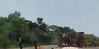Vuelca tractocamión cargado de pollos en Tonameca, daños materiales