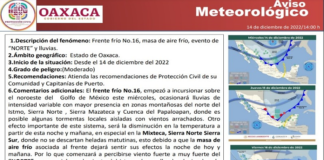 Generará Frente Frío 16 evento de norte y lluvias en Oaxaca
