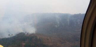 Realizan reconocimiento aéreo del incendio en paraje Cerro del Metate