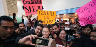 Entre música y porras al grito de ¡Presidenta! Claudia Sheinbaum llega a San Luis Potosí