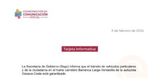 Tránsito garantizado en autopista Oaxaca-Puerto Escondido: SEGO