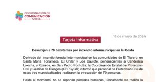 Desalojan a 70 habitantes por incendio intermunicipal en la Costa