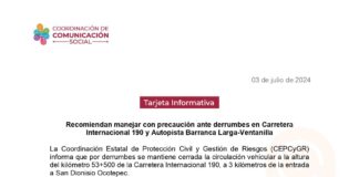 Recomiendan manejar con precaución ante derrumbes en Carretera Internacional 190 y Autopista Barranca Larga-Ventanilla