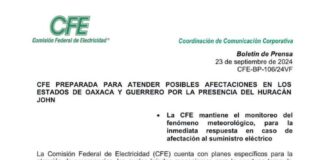 Comisión Federal de Electricidad se declara preparada para atender posibles afectaciones en los estados de Oaxaca y Guerrero por la presencia del huracán John