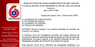 Denuncia SUTDCEO recorte de horas en CONALEP Oaxaca
